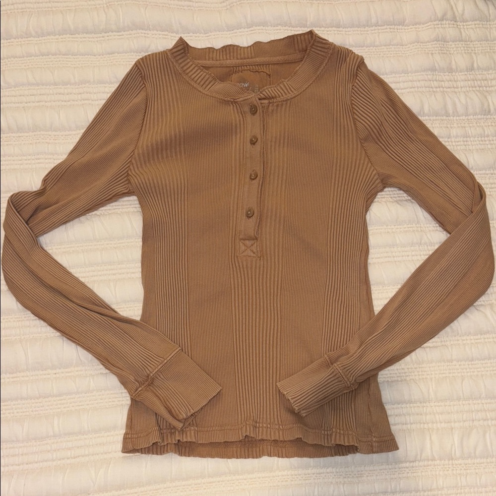 Aerie Brown Ribbed Long Sleeve Polo Button Down